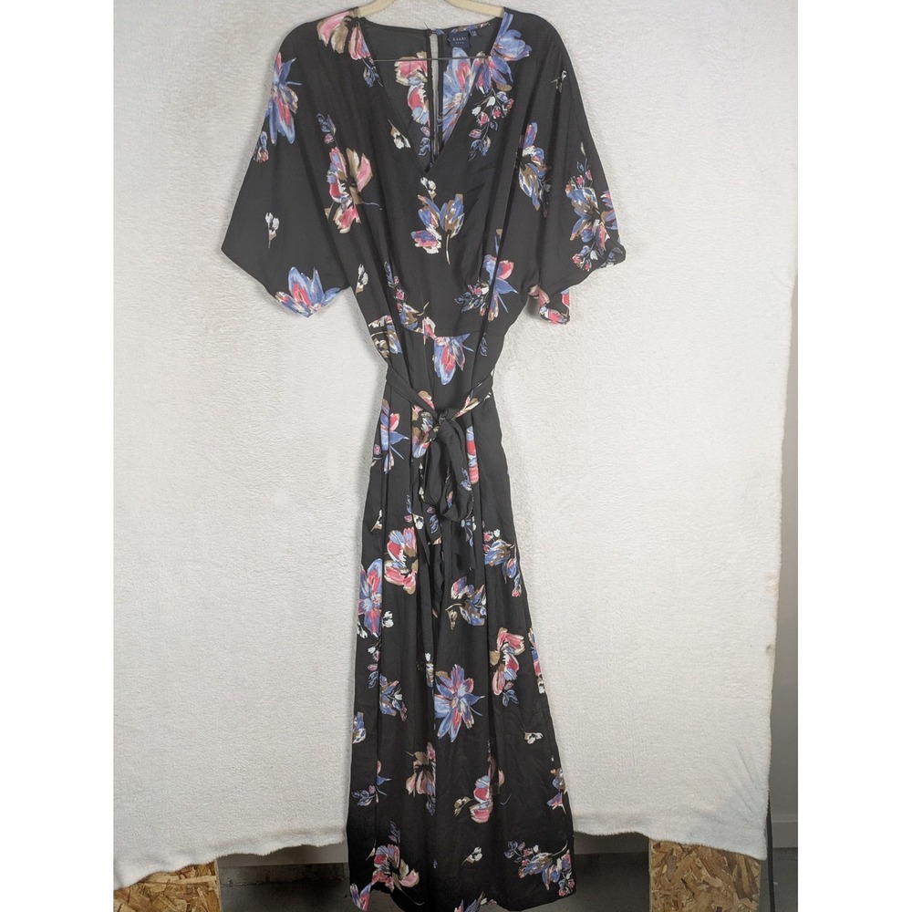 Kaari Blue Jumpsuit Women's 14 Black Floral V-Neck Kimono Sleeve Wide Leg Tie